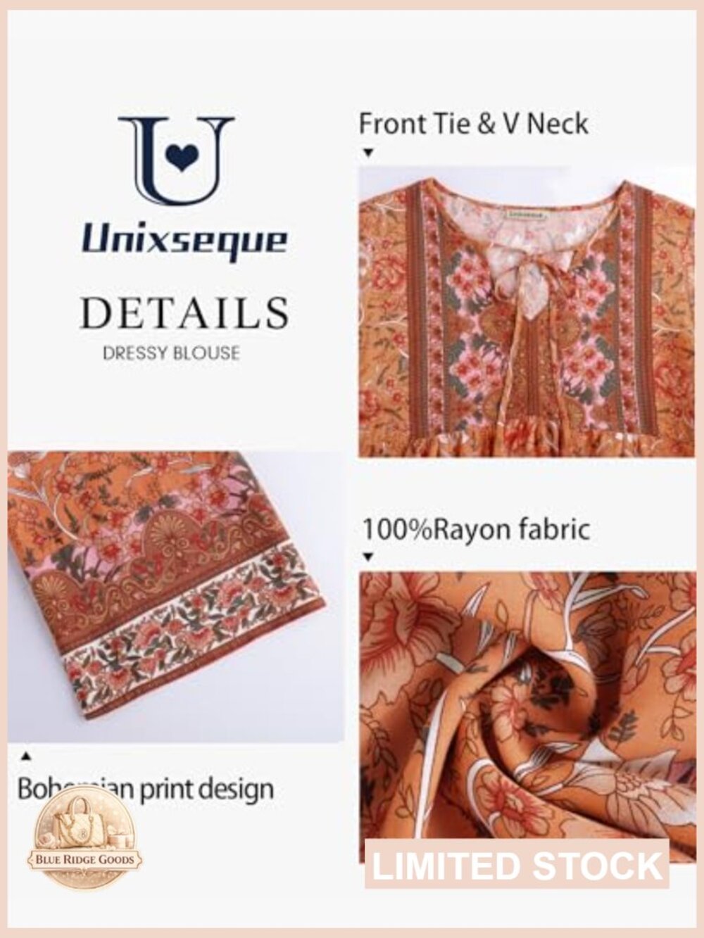 Boho Floral Print V-Neck Blouse 3/4 Sleeve Tie Front Casual Top - Picture 4 of 5